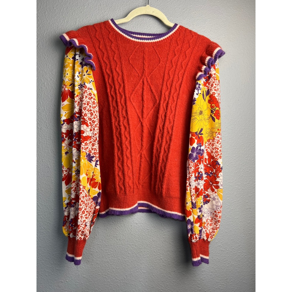 &merci Red Lg Cable Knit Sweater Floral Balloon SL Ruffle Shoulder Mixed Media